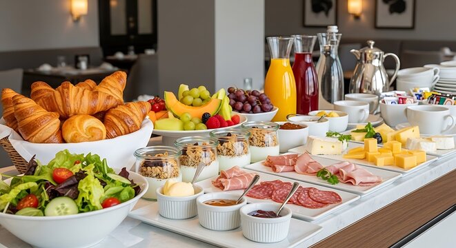 Continental breakfast buffet with croissants fresh fruit yogurt and cold cuts