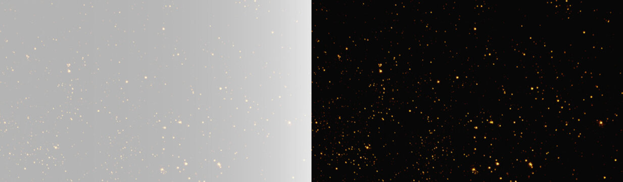 Realistic gold sparkles glitter texture set, atmospheric glowing magic dust particles and cinematic shiny bokeh glitter backdrop on contrast backgrounds