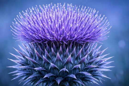 Vibrant purple thistle flower macro showing sharp thorns and soft petals. Suitable for botanical guides Scottish heritage themes and nature photography prints or backgrounds.