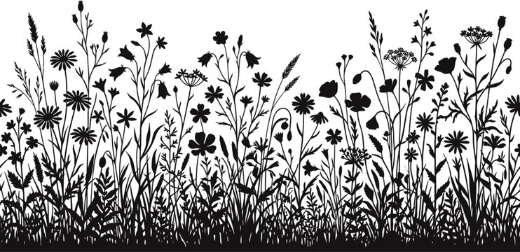 Wildflower meadow grass silhouette border background.
