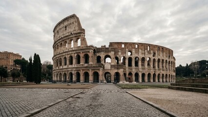 Naklejka premium The Roman Colosseum stands beneath a soft cloudy sky with muted tones and elegant minimal framing, creating a timeless editorial travel atmosphere with premium visual appeal.
