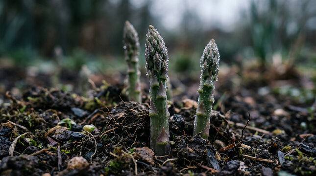 Macro close-up of young green asparagus shoots growing from dark soil covered with dew drops in an outdoor garden. Early spring vegetable growth and organic farming concept with natural blurred