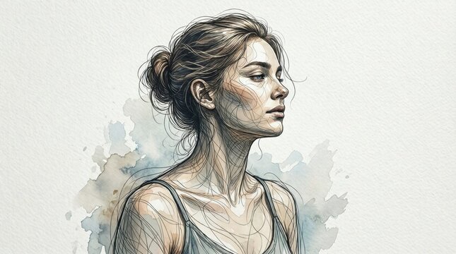 Young woman looking contemplative in watercolor profile setting