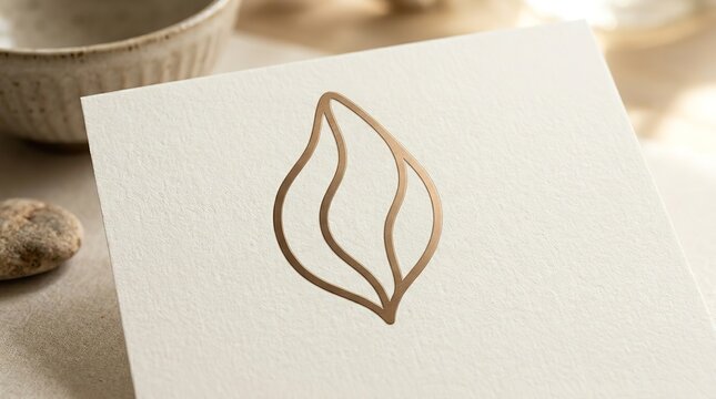 Minimalist metallic gold flame icon embossed on high quality textured paper surface captured in a clean professional studio photography style shot presented as a branding design asset on transparent b