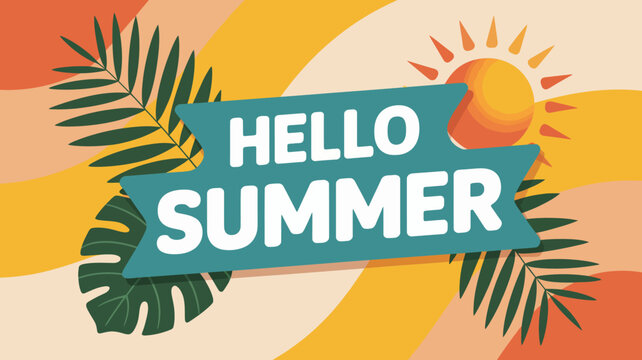Tropical palm fronds and sun illustration with summer greeting text on a striped background leaves card cel shading vector flat design