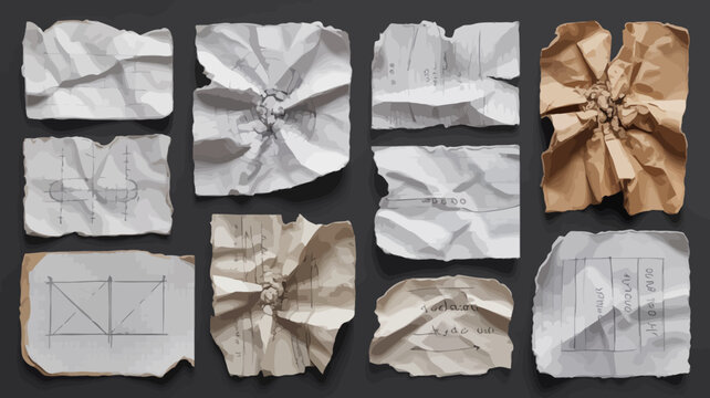 Crumpled paper pieces with handwritten notes and grid lines dark background wrinkled torn scraps texture fragments scribbled graph technical drawing diagrams