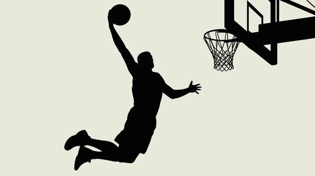Basketball player silhouette against a light gray background depicting a dunking action dunk sports athlete jump hoop net ball competition game