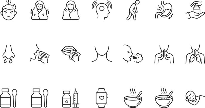 Assorted icons of animals insects food items in a line art food item vector illustrati