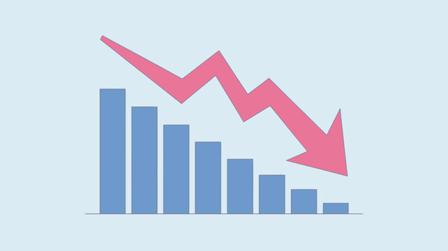 Downward trend graph with pink arrow vector illustration on light blue background decline decreasing falling reduction loss negative chart diagram data