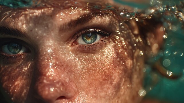 Analytical macro study of a human iris and skin texture submerged in water with floating bubbles