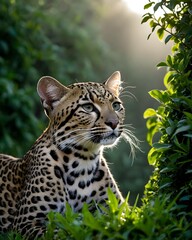 Obraz premium A solitary oncilla , northern tiger cat genetic hybrid experiment fantasy animal, fictional species in a morning mist valley.