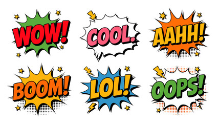 Comic style speech bubbles with onomatopoeia a colorful vector illustration book bubble wow cool aahh boom lol oops exclamation graphic design © Peradox