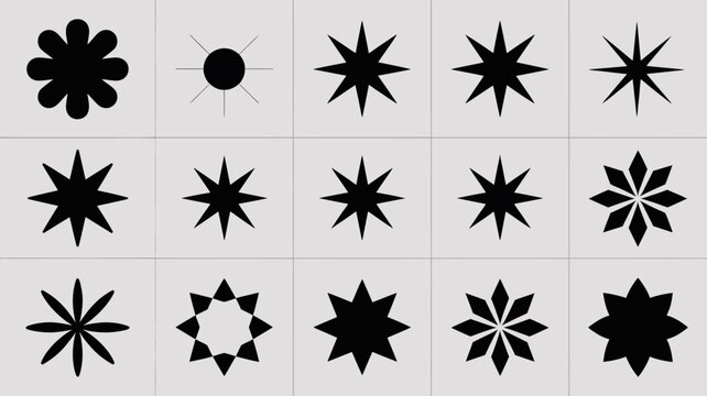 Star shaped silhouettes on a light gray background a collection of geometric forms shape starburst radial symmetry silhouette black pointed vector