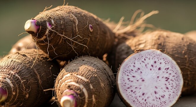 Fresh raw taro roots with a cross section showing purple speckled flesh