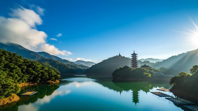 Serene Mountain Lake Pagoda Sunrise Reflection Landscape.