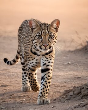 An oncilla , northern tiger cat genetic hybrid experiment fantasy animal, fictional species in a dust covered ruin plain.