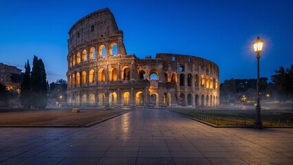 Fototapeta premium Iconic Roman Colosseum illuminated at blue hour with glowing arches and a dramatic twilight sky. Clean minimal framing creates a sophisticated luxury tourism visual for modern travel branding.