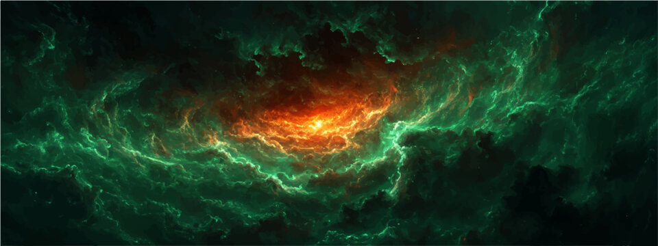 Mystical cosmic nebula, swirling emerald and fiery orange gases, evokes wonder and infinite expanse of the universe.