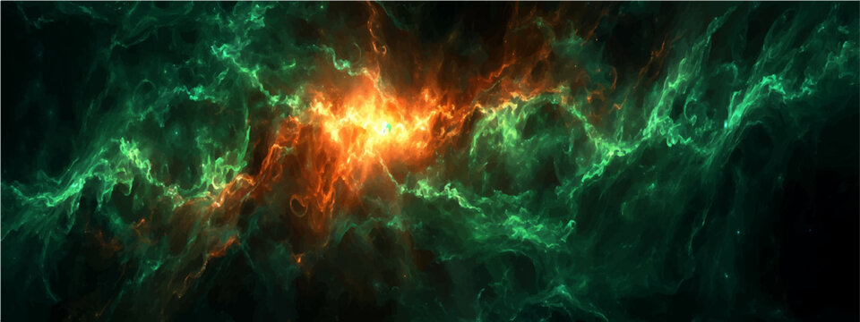 Cosmic nebula glowing vibrant hues orange and emerald, intricate gaseous formations swirling vast expanse dark universe, interstellar cloud.
