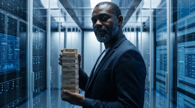 Businessman stands in a server room holding a wooden block tower beside illuminated data racks.