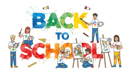 Fototapeta premium Artistic Back to School Celebration: A vibrant and colorful illustration depicting children actively engaged in artistic pursuits.