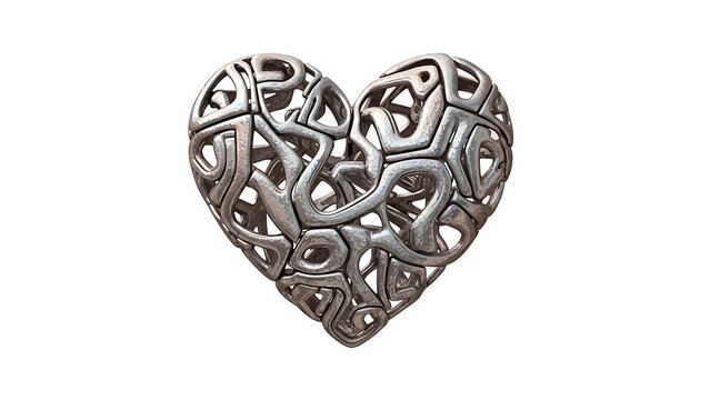 A metallic silver heart with an intricate abstract wire frame isolated on a transparent background