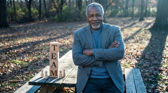 Businessman sits on a park bench beside stacked team blocks in a forest setting with long morning shadows.