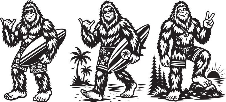 Funny Bigfoot character and summer boat vector.