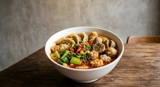 Spicy Seblak with meatballs and dumplings