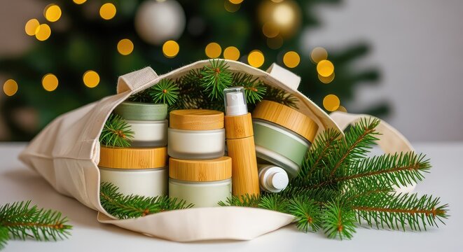 Eco-friendly skincare items and evergreen twigs tucked in a canvas tote bag, set against a soft blurred Christmas tree with warm golden bokeh, soft, gift, glow