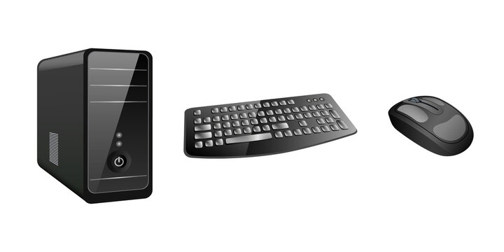 Desktop Computer Isolated PNG. pc keyboard mouse setup, modern technology equipment transparent background
