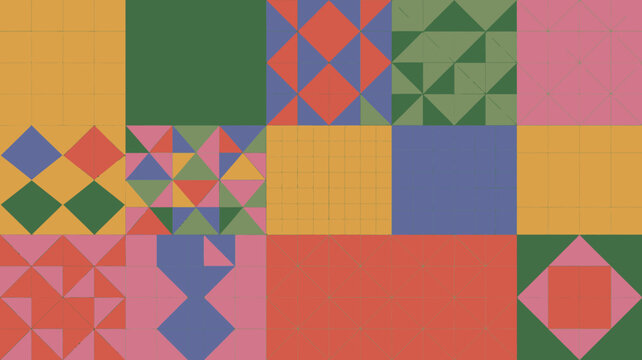 Geometric patchwork pattern with triangles and squares in muted colors polygon multicolored tones color block abstract design grid tessellation vector illustration