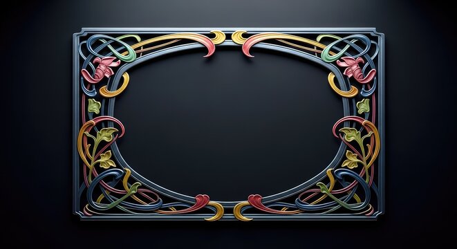 Elegante marco de metal estilo art nouveau con intrincadas curvas org&aacute;nicas y detalles florales sobre un fondo negro profundo y minimalista, filigrana, est&eacute;tico, creativo