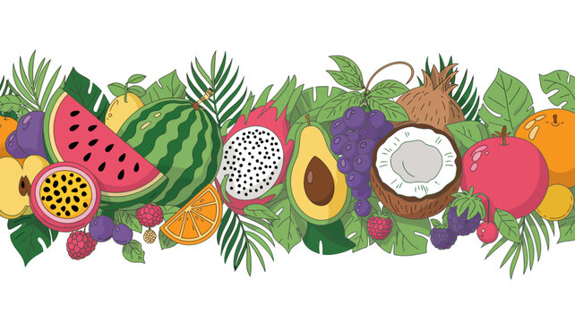 Tropical fruit and foliage border illustration on a white background fruits vector pattern watermelon dragonfruit passionfruit mango avocado coconut citrus raspberry