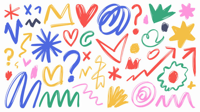 Colorful scribble pattern with hearts arrows and question marks on a white background doodle sketch hand drawn vibrant bright abstract design illustration