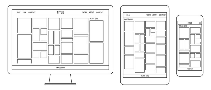 Image gallery grid website layout in a flat line style, portfolio page interface mockup on computer tablet and mobile phone, transparent background vector template