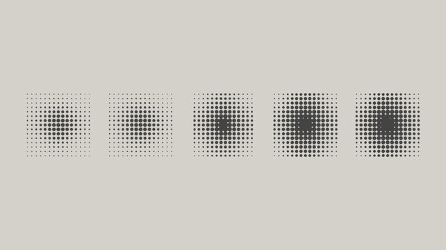 Dot pattern progression on a light gray background a series of five square arrangements dots speckles points gradation sequence arrangement geometric