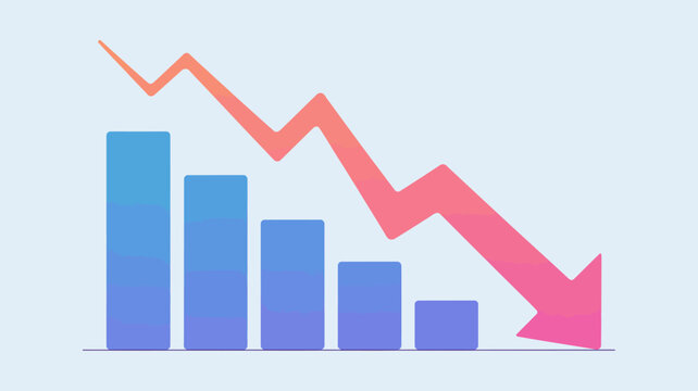 Downward trend graph with declining bars and arrow flat vector illustration decline decreasing falling loss reduction negative chart diagram data statistics