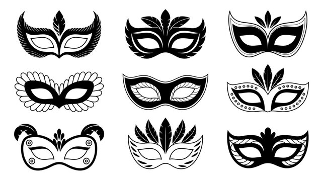 Nine Black Masquerade Masks Silhouette Style On White Background carnival ball costume venetian face covering disguise party event celebration black and white monochrome