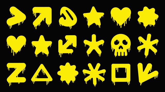 Yellow dripping shapes and symbols a vector illustration on a black background arrow star heart skull triangle snowflake rectangle letter geometric