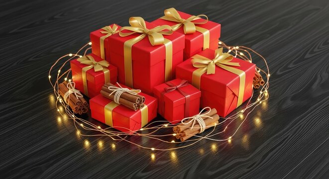 Festive holiday setup on a dark wooden table with bright red gift boxes, bundles of cinnamon sticks, and warm twinkling fairy lights glowing, decor, christmas, composition