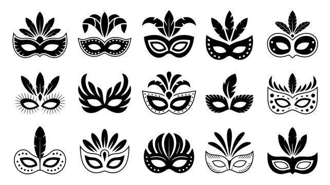 Stylized Black Masquerade Masks Collection Silhouette Vector Illustration On White Background carnival costume venetian ball party celebration festival event graphic design