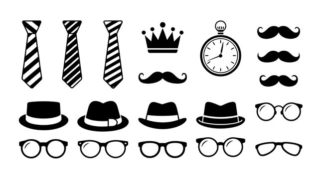 Collection Of Black Silhouettes Ties Hats Mustaches Pocket Watch And Eyeglasses neckties striped tie dotted solid fedora bowler hat top facial