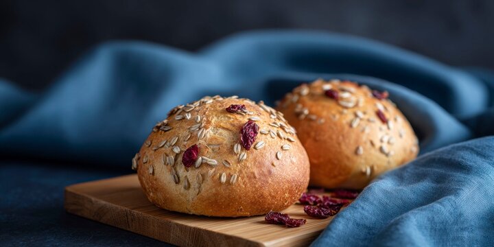 crispy crusted buns with dried rose hips and wheat on a wooden board, dark background