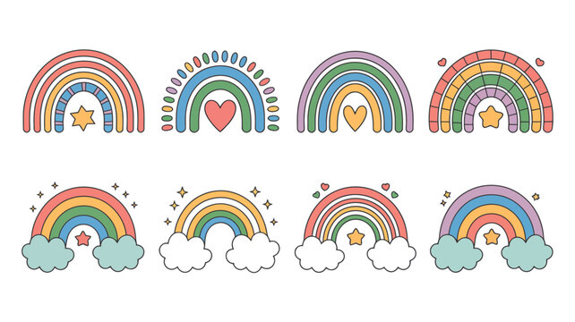 Rainbow collection with stars and hearts colorful vector illustration rainbows arc arches spectrum color pastel colors graphic design pattern repeating star