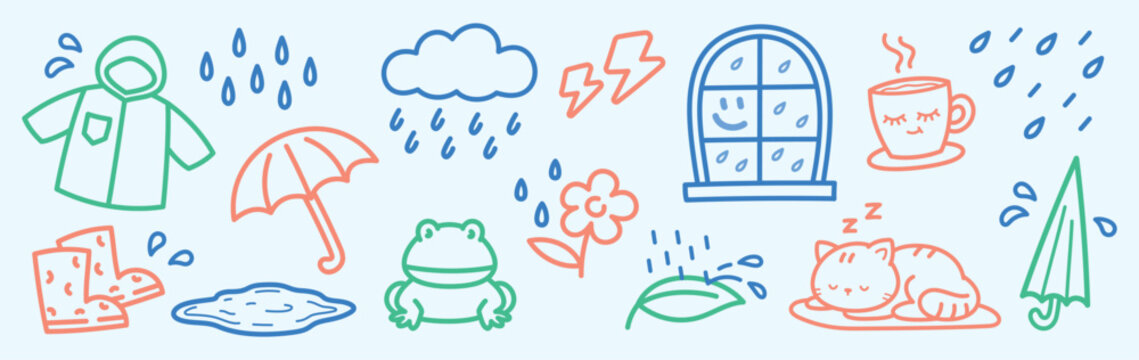 cute minimalist hand drawn line graphic element vector set in rainy day concept