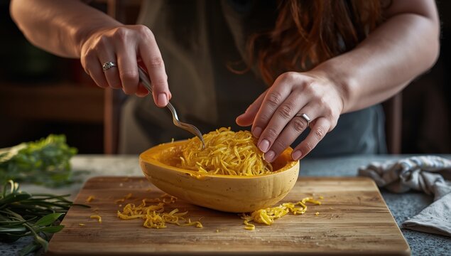 Close-up of a woman using a fork to scrape cooked spaghetti squash flesh from a table.