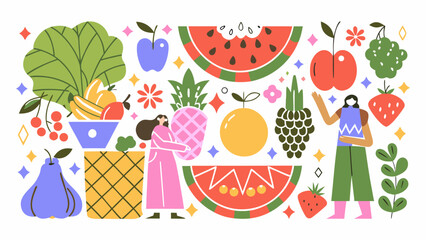 Colorful fruit and vegetable illustration with stylized figures a flat vector design on a white background apple apricot banana beetroot berry © Rabindrabath