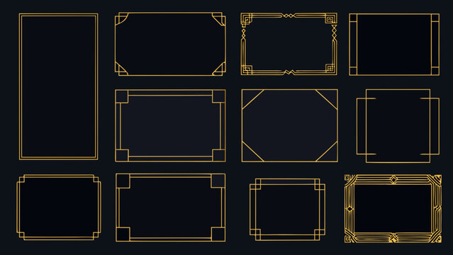 Collection of art deco gold rectangular frames on a black background showcasing geometric ornamentation ornate decorative border borders edging trim gilding