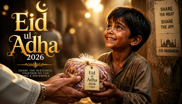 Happy smiling boy receiving gift for eid ul adha celebration, 2026
